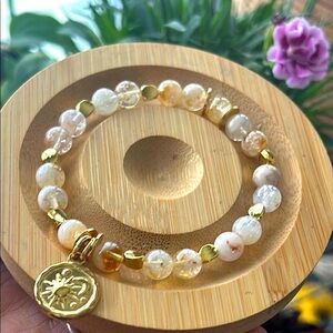 🖤Handmade Citrine + Hematite Beaded Bracelet with Gold-tone Sun + Moon Charm